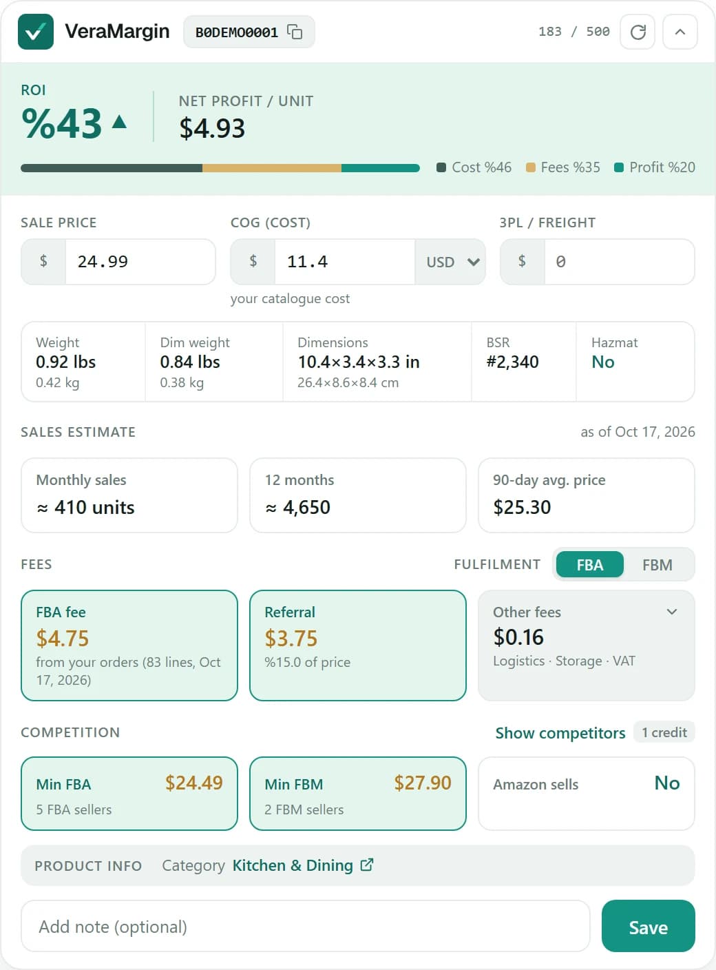 Die Vollansicht der Erweiterung: ROI, Nettogewinn pro Einheit, Gewicht, Maße, Gebühren und Konkurrenz